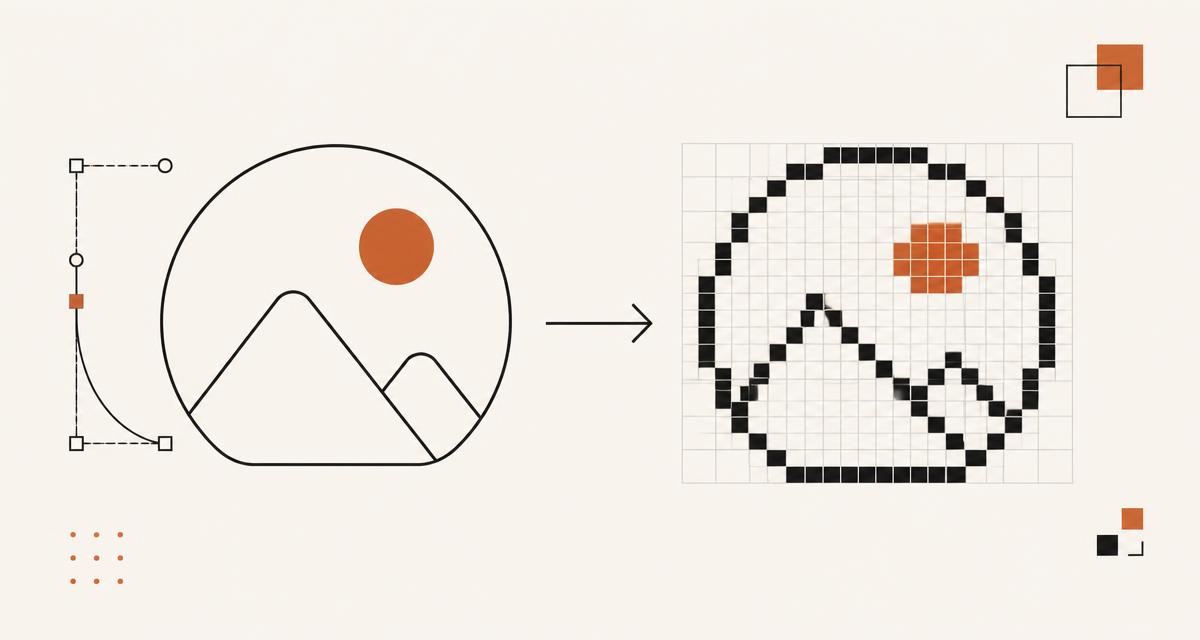 Illustration of a vector file converting to a pixel grid