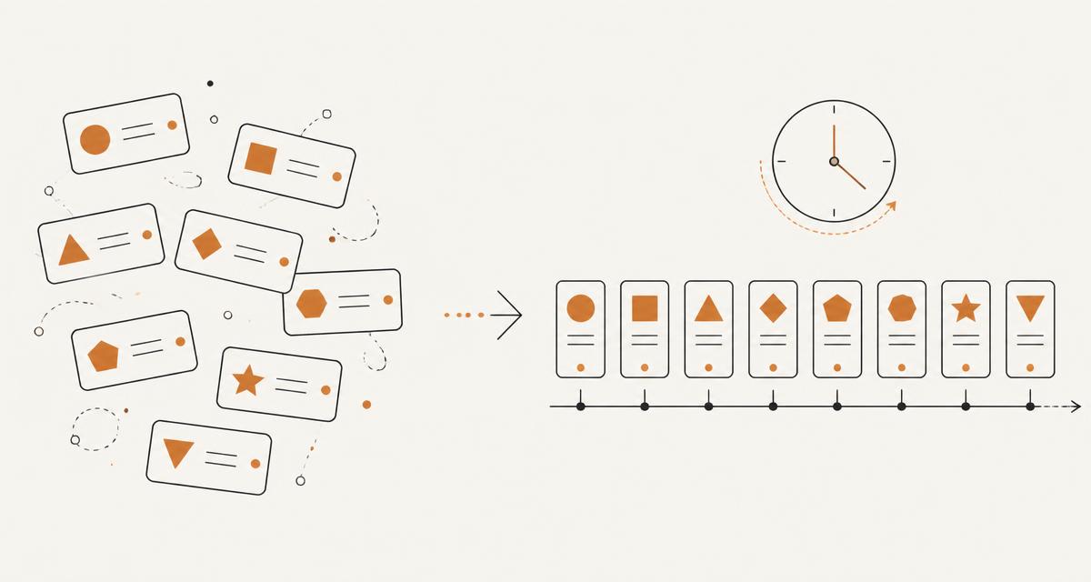 Shuffled identifier cards next to a time-ordered sequence
